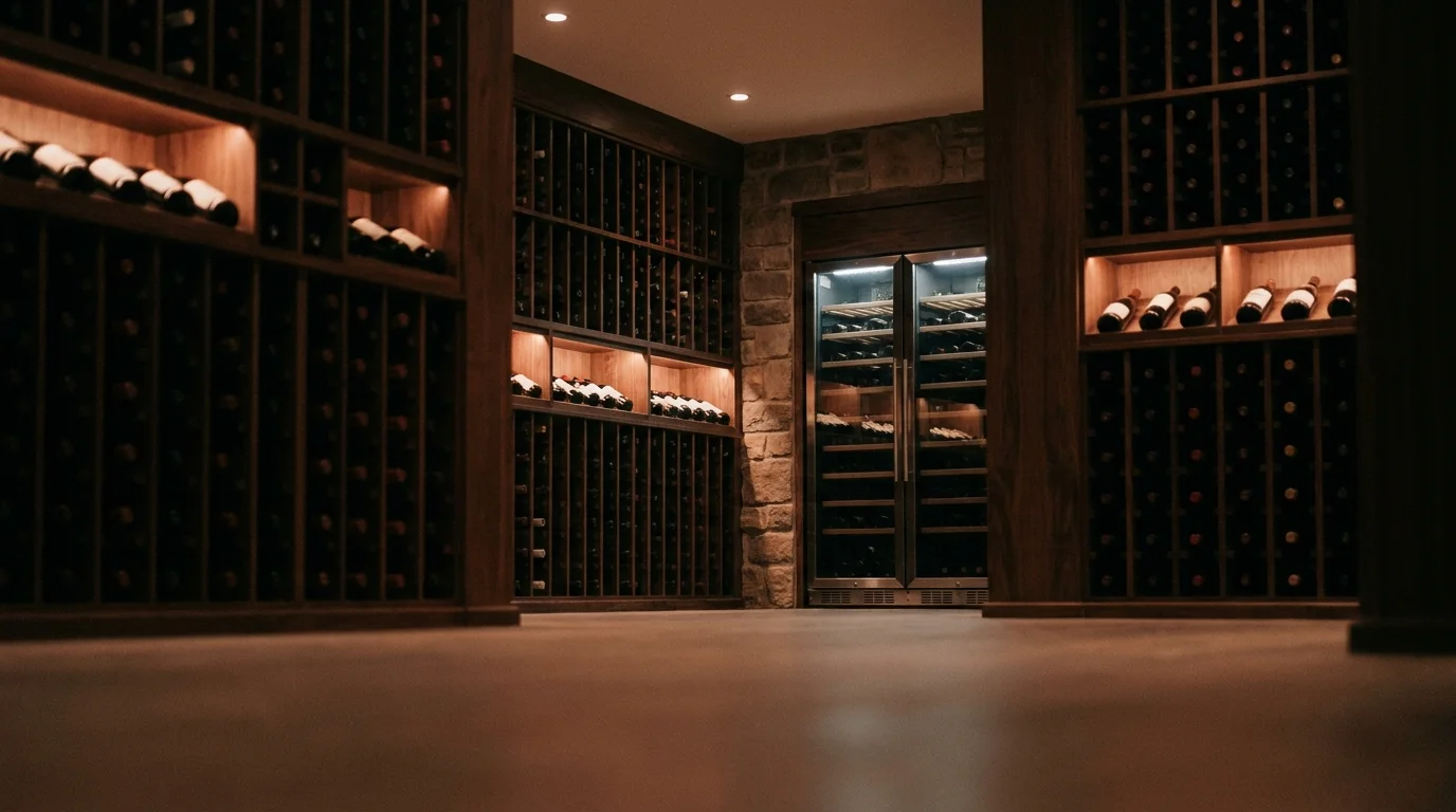 A cellar wall of stored wine bottles